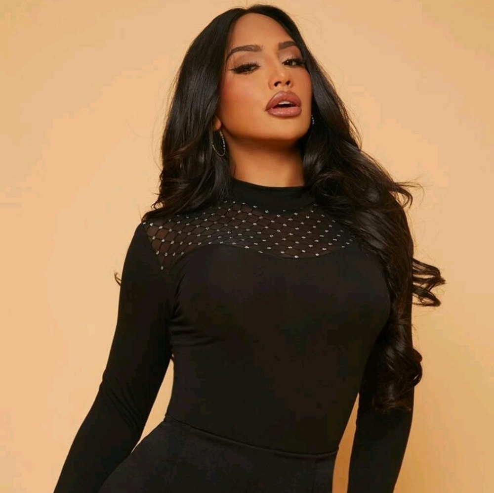 COPY - Rhinestone Sheer Mesh Yoke Form Fitted Tee